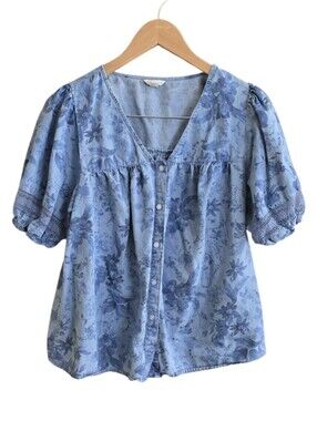 Cato Blue Floral Peasant Oversized Button Down Puff Sleeve Top. Size Medium